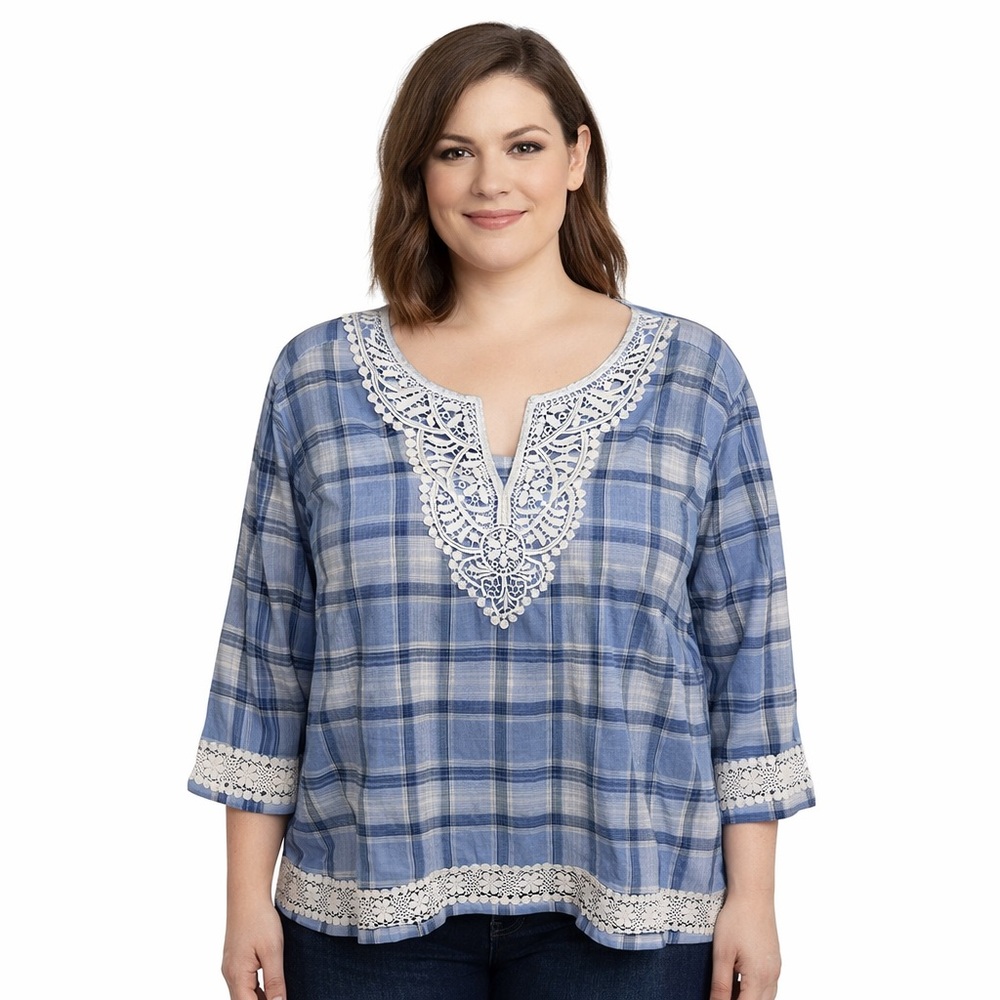Alfred Dunner Blue Plaid Women's Top with crochet details. EUC